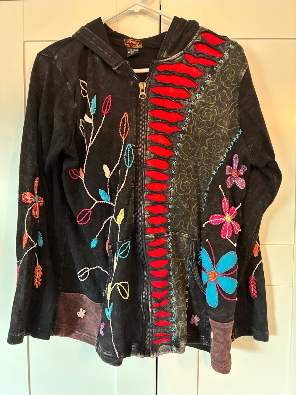 Rising International Women's Black Embroidered Hooded Jacket with Red Accents